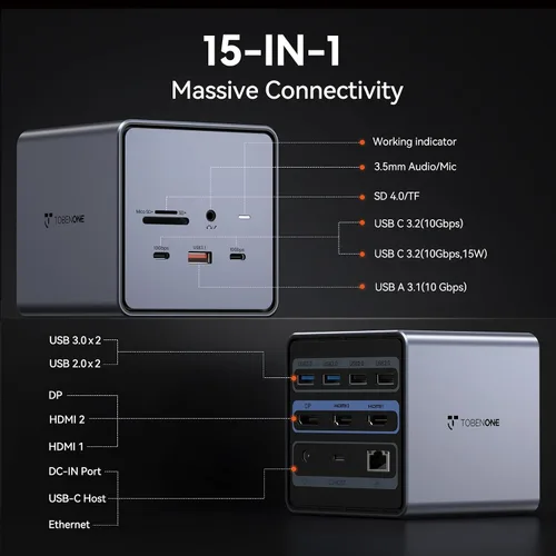 Vista 2 de Estación de acoplamiento TobenONE USB C para monitores duales/triples con adaptador de corriente de 150W