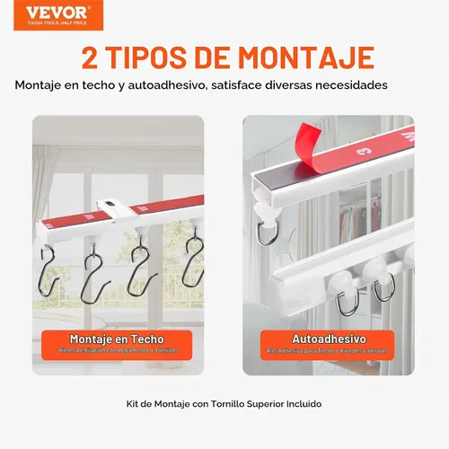 Vista 2 de VEVOR Juego de rieles para cortina de techo, 9.9 pies/3 metros, sistema de riel de techo autoadhesivo sin perforación para cortinas, riel de techo