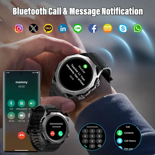 Vista 2 de Relojes inteligentes militares para hombres (respuestahacer llamadas), reloj de fitness HD de 1.39 pulgadas, monitor de sueño de frecuencia cardíaca