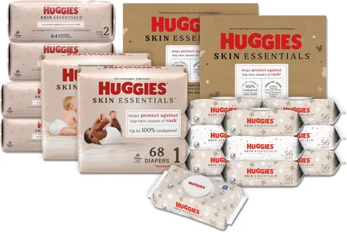 Vista 10 de Huggies Paquete de Skin Essentials: pañales Huggies Skin Essentials, talla 1 (8-14 libras), 204 unidades y toallitas para bebés, 15 paquetes