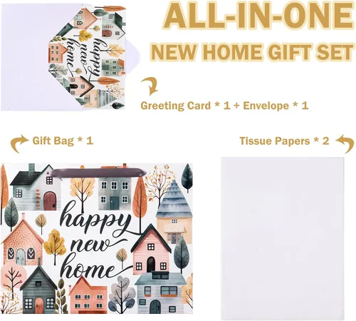 Vista 3 de WRAPAHOLIC Bolsa de regalo de 13 pulgadas con tarjeta y papel de seda, bolsas de papel de diseño Greeny House para inauguración de la casa, regalo