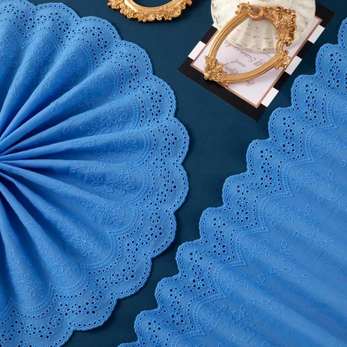 Vista 7 de PAGOW 5 yardas de ribete de encaje de ojales de algodón, ribete de encaje festoneado de bordado floral de algodón azul para coser vestidos, ropa