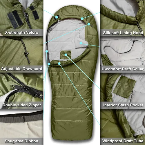 Vista 6 de Saco de dormir de mamá de 0 grados para adultos para campamento XXL grande y alto 3-4 estaciones cálido fresco Saco de dormir de invierno