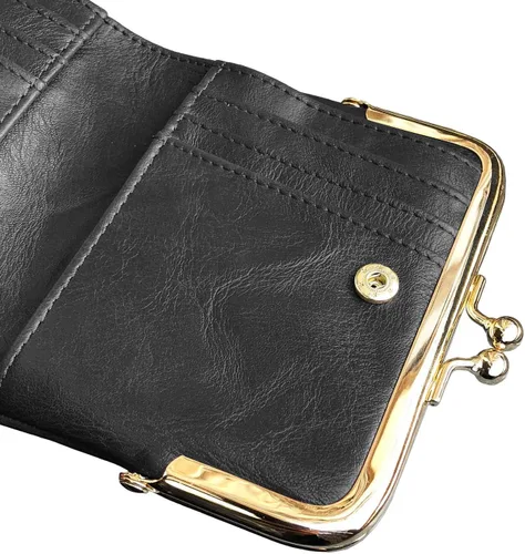 Vista 12 de AOXONEL Cartera para mujer, pequeña, Rfid, compacta, plegable, de piel, vintage, con cremallera y cierre de beso