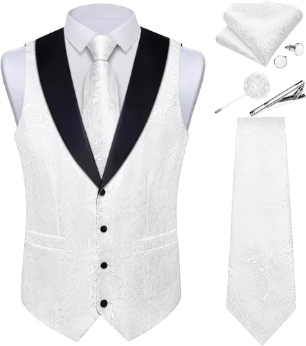 Vista 11 de DiBanGu Chaleco de traje de cachemira para hombre, chaleco jacquard de seda y corbata, chaleco formal de cuello de chal, 7 piezas para fiesta