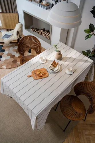 Vista 2 de ArtBud Manteles de Lino de Algodón Boho Estilo Granja Tela Pesada Cubierta de Mesa Arpillera a Rayas Lavable Superficie de Mesa para Fiestas Café