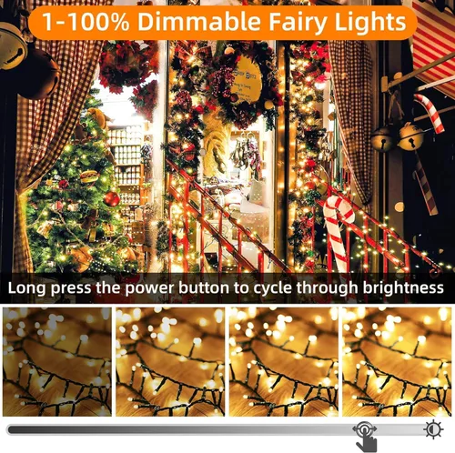 Vista 5 de WISD - Cadena de luces LED de Navidad para exteriores de 43 pies con 100 luces impermeables con modos de memoria, luces de hadas enchufables A ~