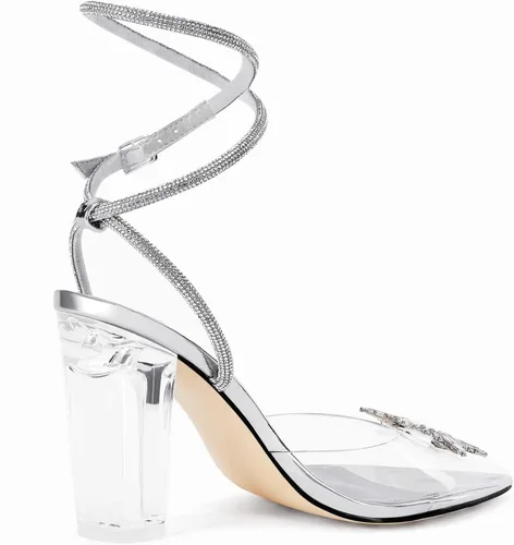 Vista 5 de Coutgo Sandalias de tacón alto grueso con diamantes de imitación para mujer, tacón alto y grueso, zapatos de tacón alto para boda y fiesta