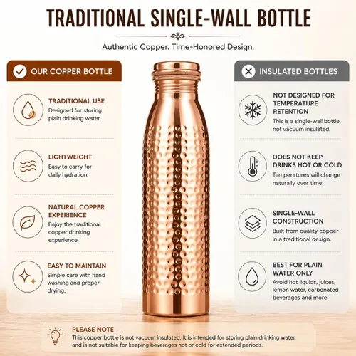 Vista 5 de Botella de agua de cobre 100% puro, 32 onzas / 32.1 fl oz, botella de agua reutilizable martillada con tapa de rosca roscada, frasco de metal de una