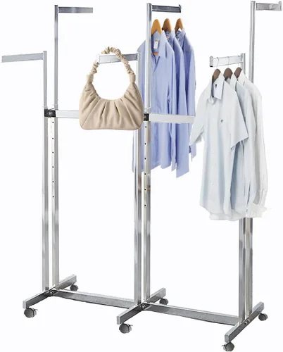 Vista 12 de Perchero de pie de metal para ropa - Estantes de exhibición resistentes para uso comercial con ruedas, perchero de ropa de 6 brazos, perchas