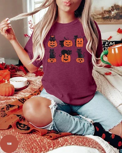 Vista 4 de JINTING Camisas de gato negro para mujer, camiseta de calabaza de Halloween, camiseta gráfica de Halloween, camiseta de manga corta