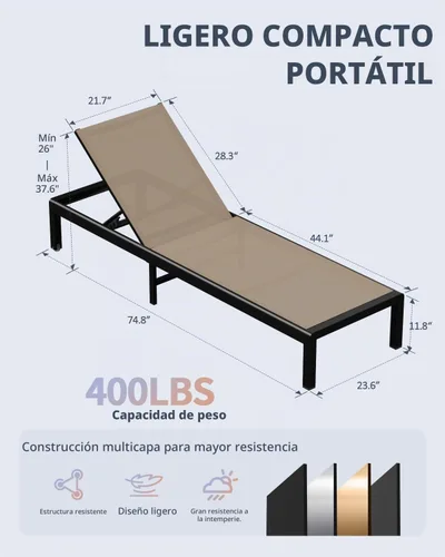 Vista 2 de Tumbona de aluminio para patio al aire libre con ruedas, color Caqui