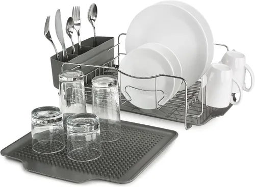 Vista 7 de Polder El escurridor de platos con resorte tiene capacidad para hasta 9 platos e incluye contenedor extraíble e independiente para utensilios (gris)