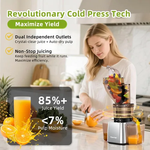 Vista 2 de Exprimidores comerciales de prensa en frío de 300 W, doble salida para jugo y pulpa, alto rendimiento, exprimidores de masticación, acero inoxidable