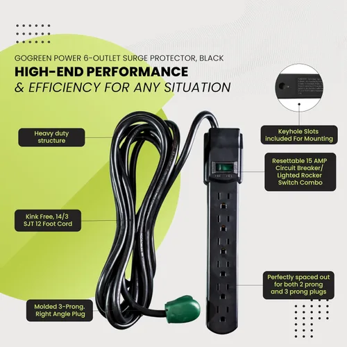 Vista 5 de GoGreen Power (GG-16103M-12BK) Protector de sobretensiones de 6 tomas, 250 julios, negro, cable de 12 pies