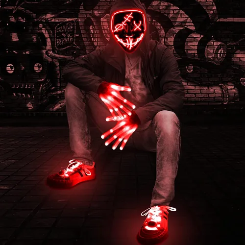 Vista 6 de Juego de 3 máscaras LED de Halloween con luces y cordones brillantes máscara de miedo disfraz de Halloween fiesta de cosplay para adultos y niños