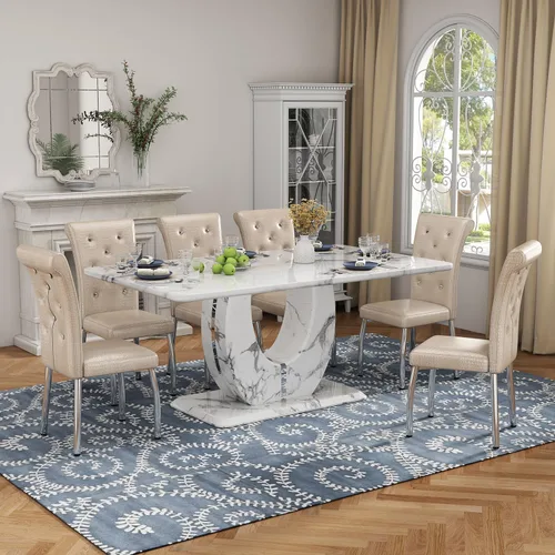 Vista 27 de Moderno juego de mesa de comedor de mármol sintético para 4, mesa de cocina rectangular blanca de 63 pulgadas con elegante base de pedestal