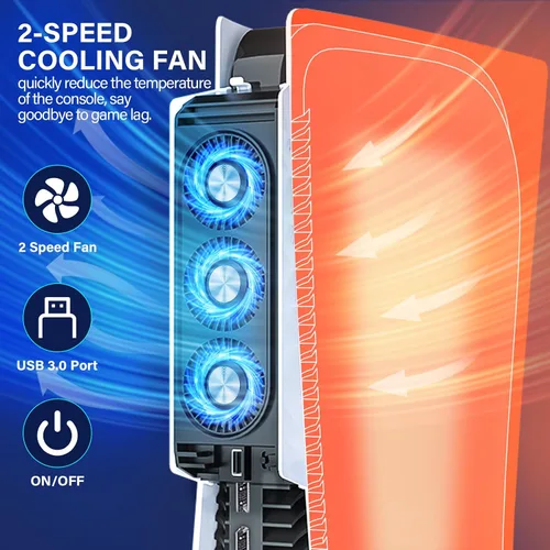 Vista 2 de Cooling Fan for PS5, Quiet Cooler Fan with LED Lights, PS5 Cooling Fan with USB3.0 Hubs, Upgraded Efficient Cooling System for PS5 Accessories, for