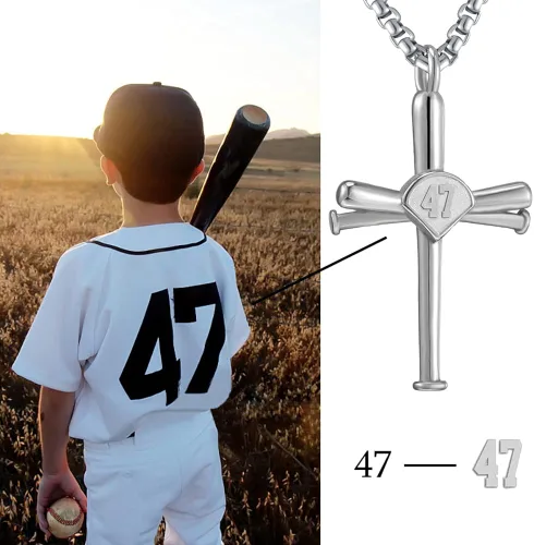Vista 5 de Collar de béisbol para hombres y niños, con cruz y número inicial 0-99, cadena y dije de acero inoxidable, hecho a medida para mujeres y niñas