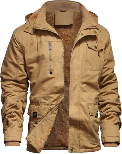 Vista 16 de Chaqueta de invierno para hombre, chaqueta militar, chaqueta tipo cargo con forro polar, chaqueta cálida con capucha desmontable, chaqueta