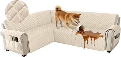 Vista 22 de Fundas impermeables para sofá seccional de esquina en forma de L, de terciopelo, juego de 6 piezas, funda en forma de U para sofá, para perros