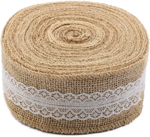 Vista 2 de CCINEE Rollo de cinta de arpillera de yute natural de 5.4 yardas con cinta de encaje blanco para manualidades, decoración de boda
