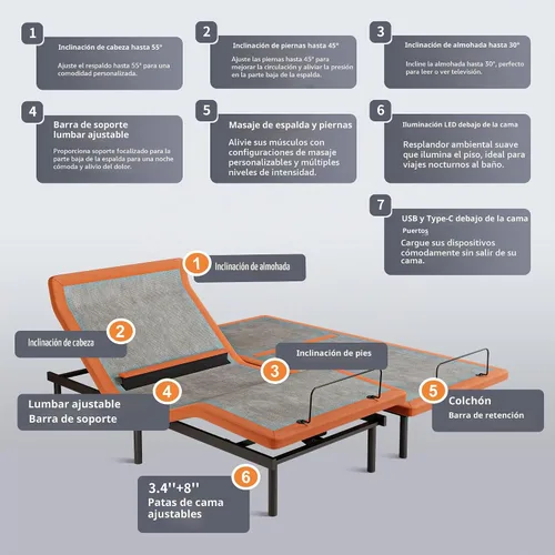 Vista 5 de ESHINE Marco de cama ajustable + colchón híbrido de 14 pulgadas, soporte lumbar, inclinación de almohada para la cabeza, control de aplicación