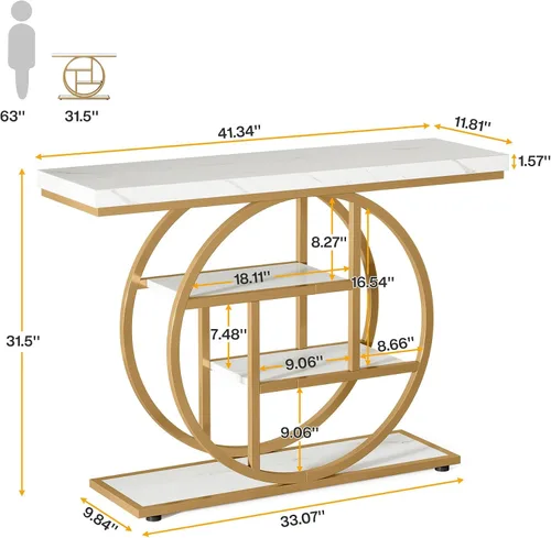 Vista 2 de Tribesigns Mesa de Consola de 41.3 pulgadas, Mesa Industrial de 4 Niveles para Sofá de Entrada con Base Circular, Mesas Decorativas de Madera Oro