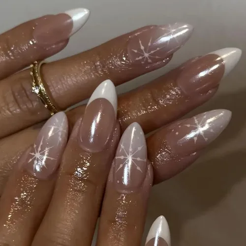 Vista 32 de Uñas postizas a presión con punta francesa, uñas postizas medianas con flores 3D, concha de perla, diseño de estrellas de mar, uñas blancas a