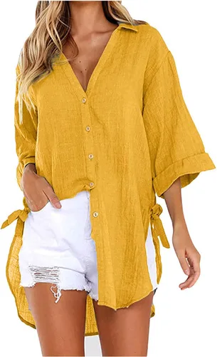 Vista 41 de Camisas de manga larga con botones para mujer, asimétricas, casuales, con cordones, túnica de gran