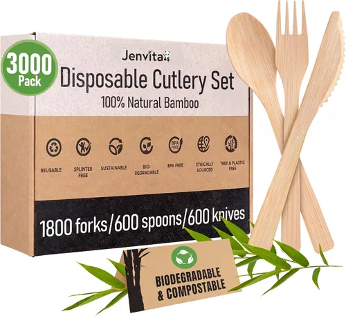 Vista 20 de Juego de cubiertos 100% de bambú - Juego de 100 cubiertos compostables