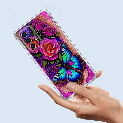 Vista 2 de Funda para Galaxy A23 5G, diseño de flores de mariposa azul, protección contra caídas, a prueba de golpes, carcasa protectora de cuerpo completo