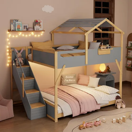 Vista 14 de Cama tipo loft de tamaño matrimonial con escalera de almacenamiento y escritorio, marco de cama tipo loft de madera maciza con ventanas, estantes