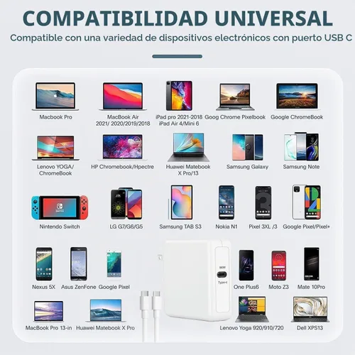 Vista 3 de Cargador USB C para MacBook Air/MacBook Pro/Mac Cargador USB C Cargadores de laptop, Bloque de carga Mac Book Pro de 96 W, adaptador de corriente