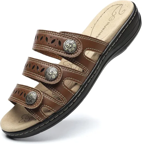 Vista 21 de Sandalias de cuero cómodas para mujer, ligeras, planas, bonitas, sin cordones, informales, para caminar Beige
