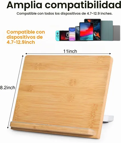 Vista 6 de wishacc Soporte de bambú para tablet de escritorio, soporte grande de madera de 11 x 8.2 pulgadas con ángulos ajustables, soporte de madera grueso