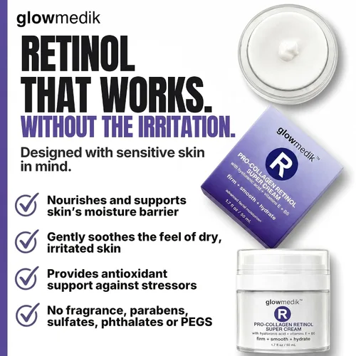 Vista 4 de Glowmedik Crema de retinol para la cara, hidratante antienvejecimiento para piel envejecida y arrugas profundas, fórmula antiarrugas con colágeno