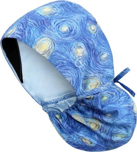 Vista 11 de QBA Gorra de trabajo ajustable con botón, gorro forrado de satén, gorro de trabajo de algodón, banda elástica para atar en la espalda, unisex