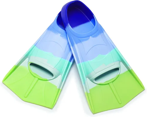 Vista 25 de Aletas de natación para niños, aletas cortas para jóvenes, aletas de entrenamiento de natación para natación de regazo, para niños y niñas Arcoíris-B