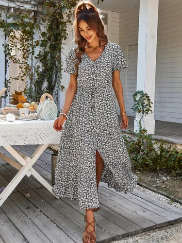 Vista 3 de PRETTYGARDEN Vestidos florales de verano para mujer, cuello en V, manga corta, vestido de sol fluido con abertura en línea A, vestido largo bohemio