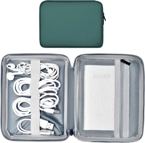 Vista 14 de Organizador de cables de cuero para viaje, impermeable, organizador de cables de viaje, portátil, organizador técnico, estuche de viaje para Verde