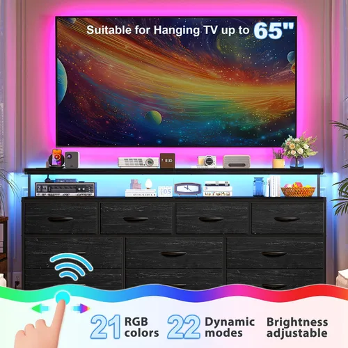 Vista 5 de EnHomee - Cómoda negra de 55 pulgadas de ancho para dormitorio con 10 cajones, LED y tomas de corriente Two Open Shelves for Easy Access, Large