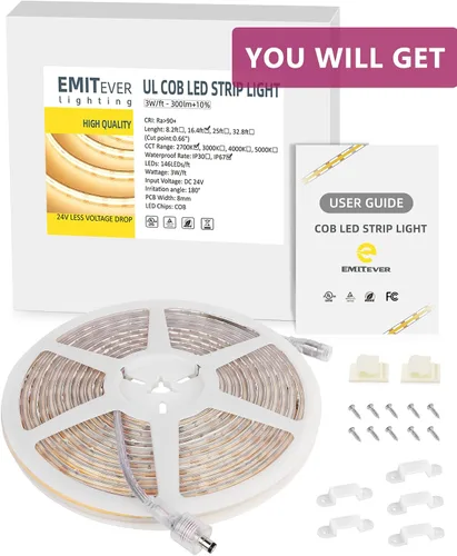 Vista 8 de EMITEVER COB - Tira de luces LED impermeable IP67, 2700 K, blanco cálido, para exteriores, 24 V, cinta LED de silicona regulable, iluminación