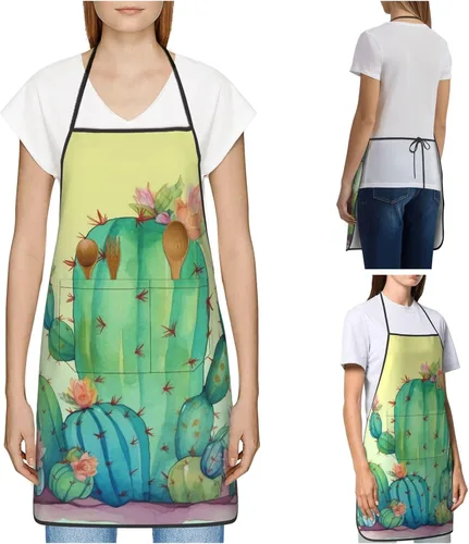 Vista 6 de Kitchen Cooking Aprons for Women Men Adjustable Bib Apron with Pockets Funny Cactus Chef Apron Waterproof