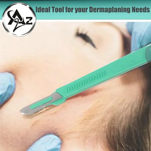 Vista 5 de Bisturí facial estéril desechable #20, herramienta de depilación y dermaplaning, cuchillas de acero al carbono de precisión con mango de plástico