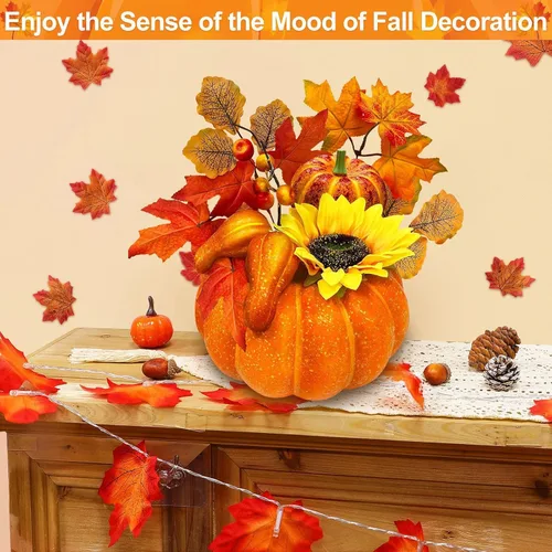 Vista 3 de Temporizador y preiluminado: decoraciones de Acción de Gracias, calabaza, calabaza artificial con hojas de arce, girasol, bayas, 20 luces LED