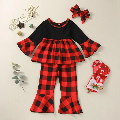 Vista 2 de Conjunto de ropa de Navidad para bebé-niña-otoño-invierno rojo y negro a cuadros