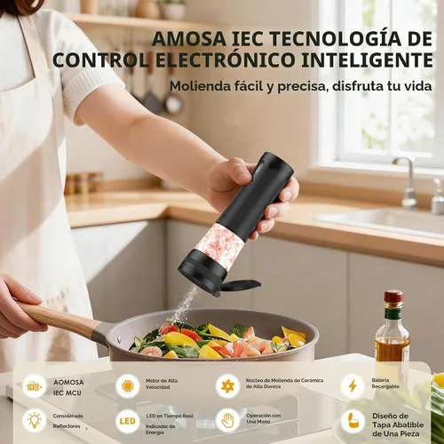 Vista 2 de Juego de molinillo eléctrico de sal y pimienta, ajuste mejorado de 2 velocidades, 5 grosores ajustables externos, molino automático recargable