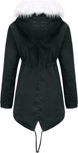 Vista 3 de Abrigos de invierno con capucha de longitud media para mujer, color sólido, cálido, abrigo de forro polar, abrigo acolchado de algodón con cuello