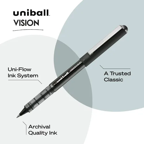 Vista 4 de Bolígrafo de punta rodante Uniball Vision - Paquete de 12, bolígrafos negros, tamaño de punta micro de 0.5 mm - Escritura suave, bolígrafos
